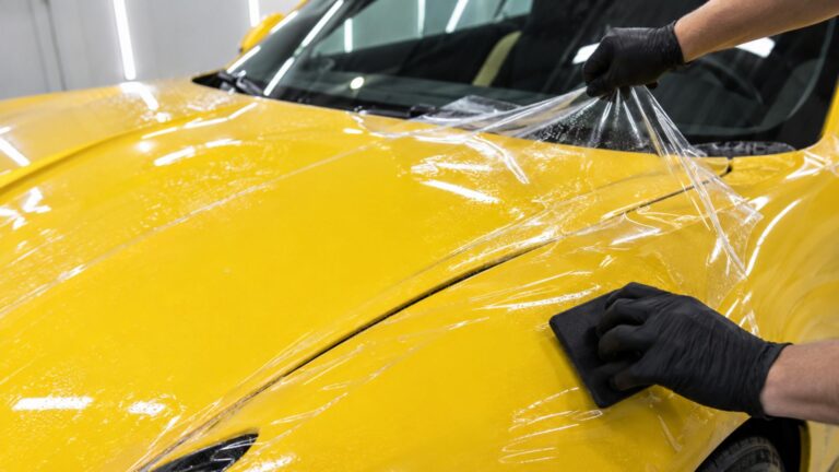 Technician applies paint protection film to the hood of a yellow car using a squeegee.