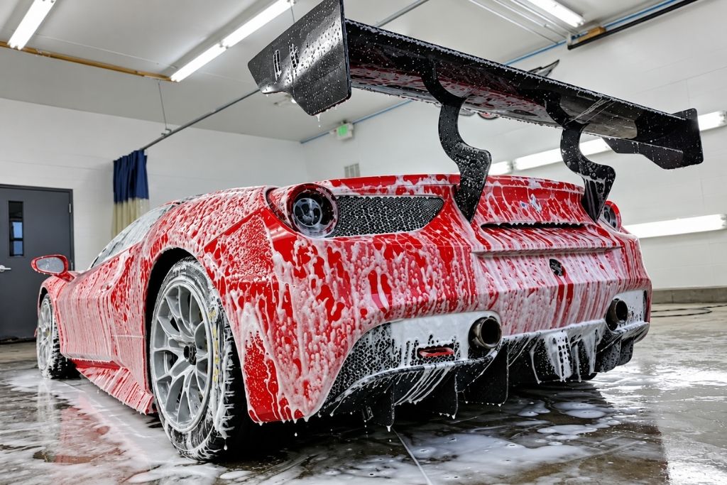 Red sports car covered in soap during professional exterior car detailing and washing inside an auto detailing shop.