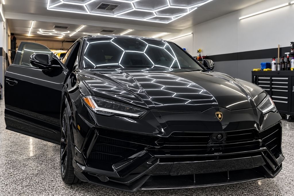 Black luxury SUV with a glossy detailed finish inside a professional auto detailing shop.