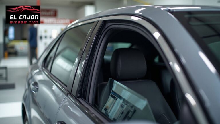 Gray sedan with newly installed window tint on the side windows parked inside a shop, with the logo "EL CAJON WINDOW TINT" visible in the top left corner. The slightly lowered window shows the clean edge and professional finish of the tint.