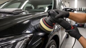 A technician uses a machine polisher on the front fender of a black vehicle during car detailing. A folded microfiber towel rests on the hood for finishing work.