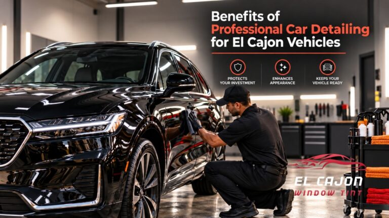 Professional car detailing in El Cajon with a technician polishing a black SUV inside an auto detailing shop.