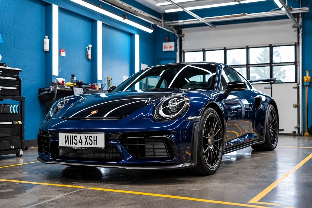 Blue Porsche sports car with a glossy, reflective paint finish inside a professional automotive detailing workshop.