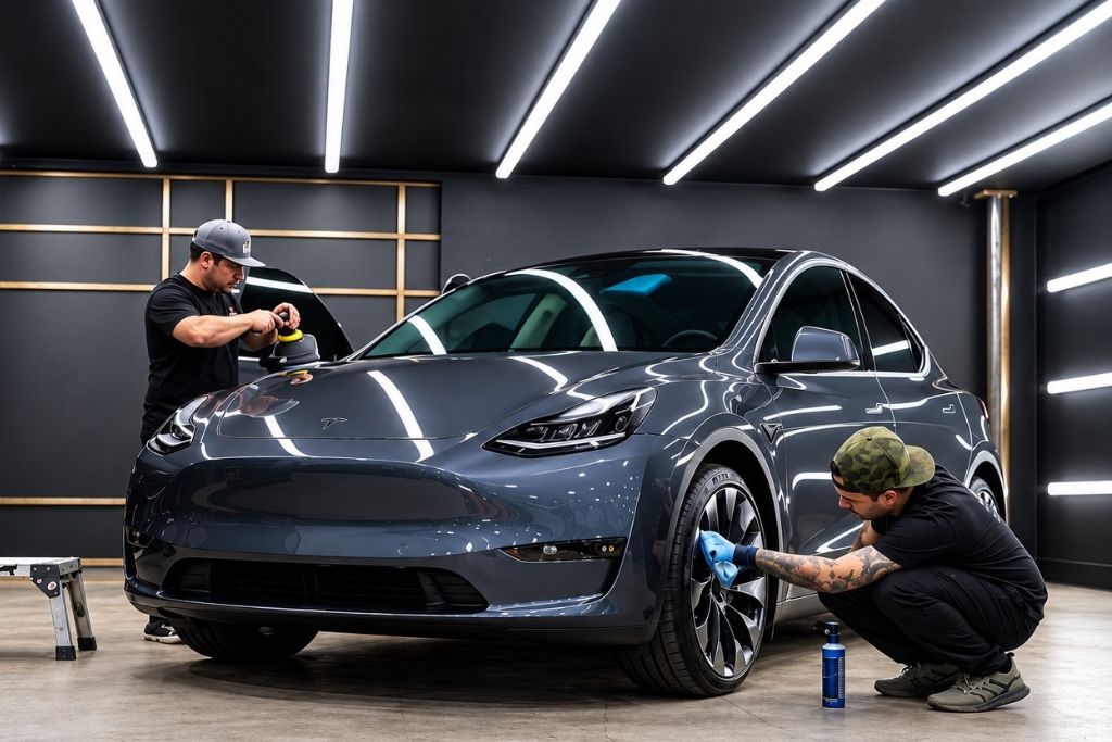 Two professional car detailers polishing and cleaning a gray Tesla Model Y inside a well-lit automotive detailing workshop.