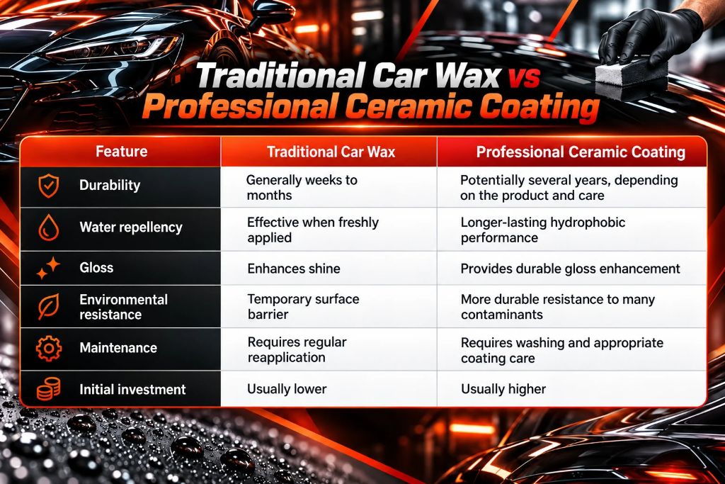 Traditional car wax vs ceramic coating comparison of durability, gloss, protection, and maintenance.